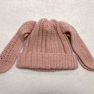 Blush Pink Crochet Bunny Beanie (Adult Size)