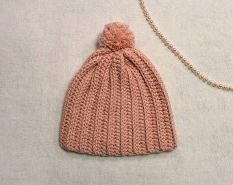 Dusty Rose Crochet Beanie with Pompom (Adult Size)