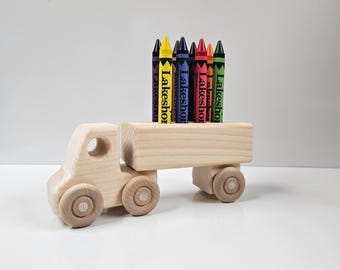 Semi Truck Crayon Holder with 8 Crayons - Handmade Wood Toy