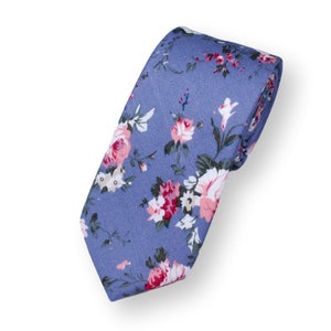 Blue Floral Chambray Necktie, Skinny Mens Tie, Cotton Skinny Tie, Linen Necktie, Groomsmen Tie