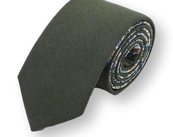 Olive Tie, Vintage Floral Necktie, Skinny Men's Tie