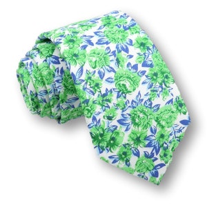 Green and Blue Floral Mens Necktie, Skinny Necktie, Linen Skinny Tie, Groomsmen Tie, Wedding Tie