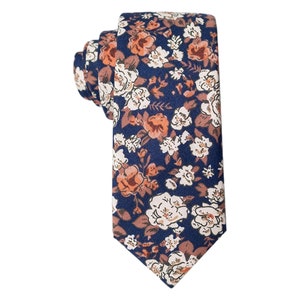 Floral Skinny Tie 2.5&quot;| skinny tie | wedding tie | wedding ideas | groom | Navy Blue | Orange