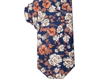 Floral Skinny Tie 2.5"| skinny tie | wedding tie | wedding ideas | groom | Navy Blue | Orange