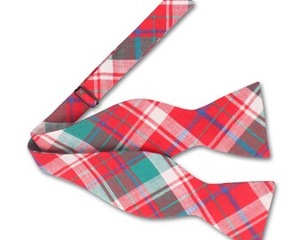 Red and Green Check Bow tie. Plaid Bow tie. Mens Bow tie.