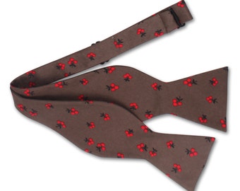 Cherry on Brown Bow tie, Mens Bow tie, Pre-tied bow tie