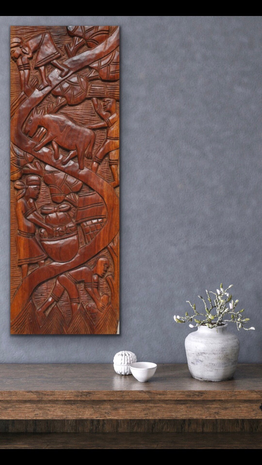 Vintage African Wood Carving Wall Plaque 23 Harvest Scene Folk Art