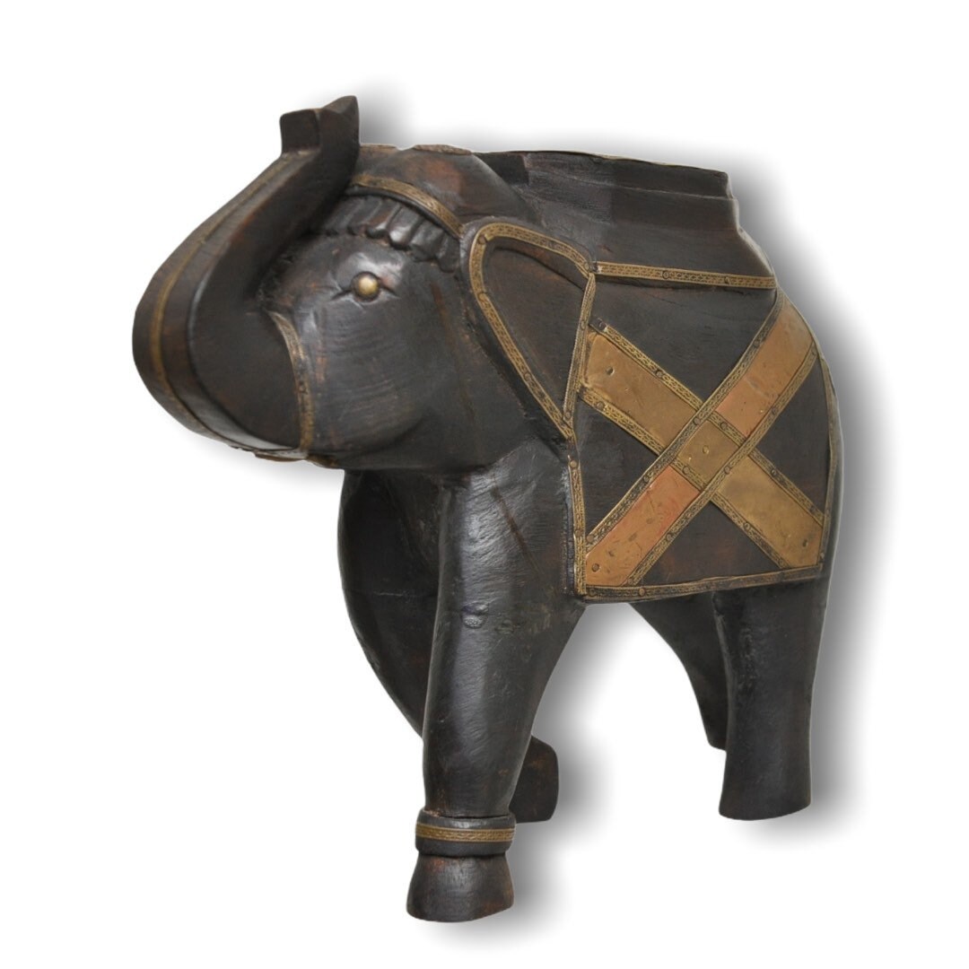 Vintage Wood Carved Elephant With Brass Accents - Etsy