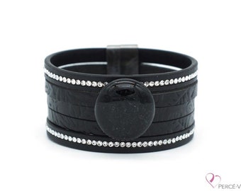 Leather bracelet and black glass (zircons) — Glamour collection #2115