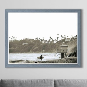 Vintage San Diego Surf Print: Black and White Surfer Girl, San Elijo State Beach
