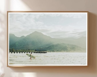 Surfer at Hanalei Bay Pier Kauai – Coastal Photography Print | Tropical Wall Art | Hawaiian Surf Scene | Beach Decor | Ocean Landscape
