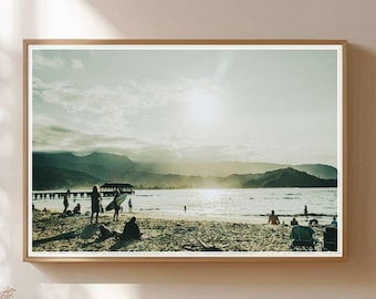 Surfers at Hanalei Bay Pier Beach, Kauai – Tropical Sunset Wall Art, Hawaiian Surf Photography Print