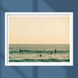 Warm Vintage Surf Photo Print San Diego – Surfers & Dolphins at Sunset, Coastal Wall Art, Retro California Ocean Photography