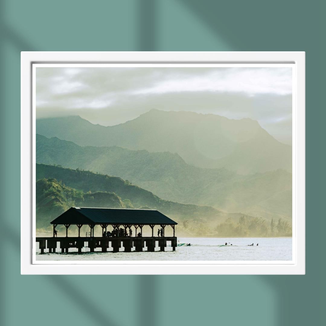 Golden Hour Hanalei Bay Pier Print – Vintage Kauai Wall Art, Hawaiian Landscape Photography with Surfers