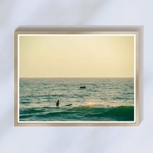 Vintage Surfer and Dolphin Wall Art Print – Retro Coastal Photo of Girl Surfing at Sunset, San Diego , California Beach Decor