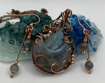 Labradorite Moon - Wire wrapped - Chain included and Earrings- Great as a gift! Holidays, Birthdays