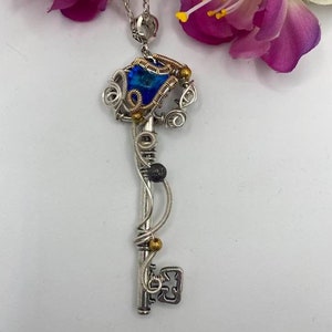 Atlantis Realm Key Necklace - Water - Royal Blue Swavorski Rivoli - Wire wrapped key pendant - Key to a Fantasy Realm!