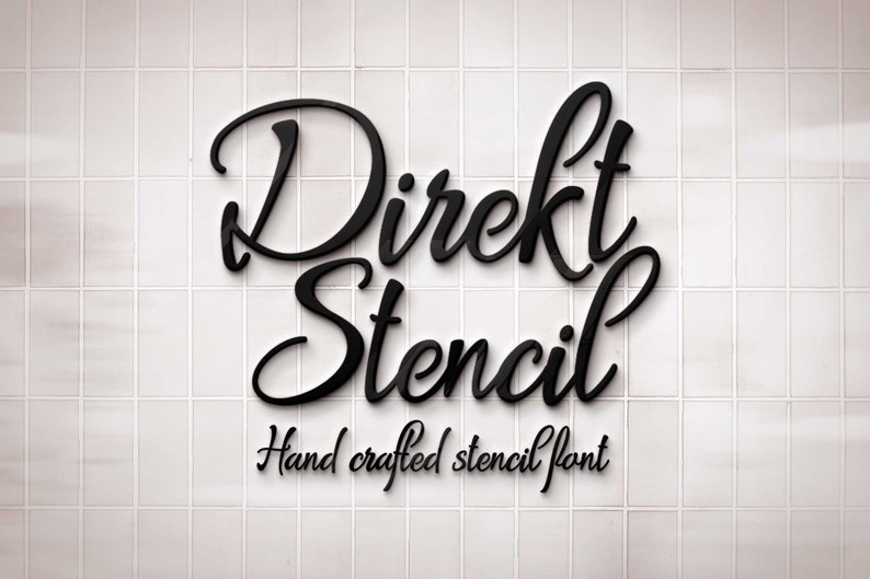May include: Black script lettering that reads "Direkt Stencil" with "Hand crafted stencil font" below it. The text is on a white tiled background. The font appears to be a 3D design.