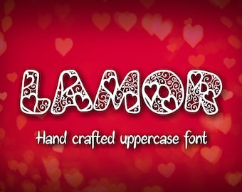 Lamor font, Valentine days font, uppercase typeface, hearts letters, hand crafted decorative typeface, decorative font, monogram font