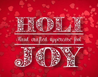 Holijoy font, Christmas font, festive typeface, hand drawn decorated font, hand crafted decorative typeface, decorative font, monogram font