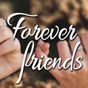 May include: Image shows two hands clasped together, with fingers interlocked. The text "Forever friends" is written in a cursive font over the hands. Both hands have rings on the ring fingers. The background is blurred.