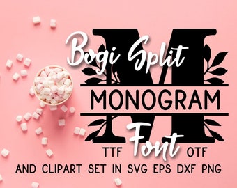 Split Monogram font and vector clipart set, Bogi Split Monogram Font, commercial license, TTF, OTF, SVG, png, eps, dxf files