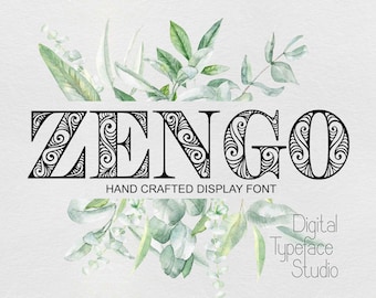 Zengo font, svg, png, eps files, uppercase font, decorative typeface, font download, Commercial Use, Doodle art, TTF, OTF