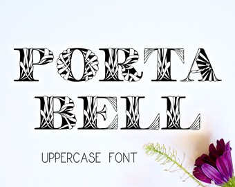 Portabell font, decorative uppercase font and clipart set in svg, png, eps formats, Commercial License, Zentangle inspired, TTF, OTF