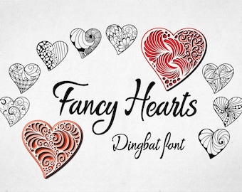 Fancy Hearts Dingbat Font, Hand drawn hearts, hand crafted font, Commercial License, OTF, TTF