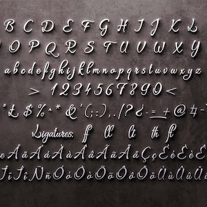 May include: A white, cursive font set against a dark grey backdrop. The image shows the alphabet in upper and lower case, numbers, symbols, and ligatures. The font has a 3D effect, with a subtle shadow.