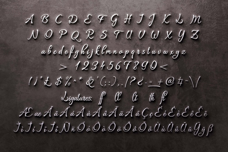 May include: A white, cursive font set against a dark grey backdrop. The image shows the alphabet in upper and lower case, numbers, symbols, and ligatures. The font has a 3D effect, with a subtle shadow.