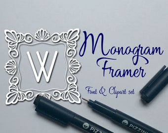 Monogram Framer font with square frame cliparts, png, svg, eps files, monogram creator, font download, Commercial use, TTF, OTF
