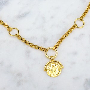 Roman Greek Coin Medallion Pendant on Gold Rolo Chain | Demi-fine 24K Gold Statement Unique Necklace w/ Spring Charm Holder | Adjustable