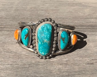 Vintage Turquoise & Orange Spiny Oyster Cuff Bracelet
