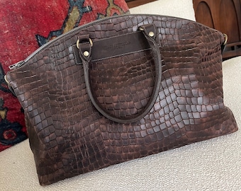 Brown Crocodile Embossed Leather Tote by Juan Antonio