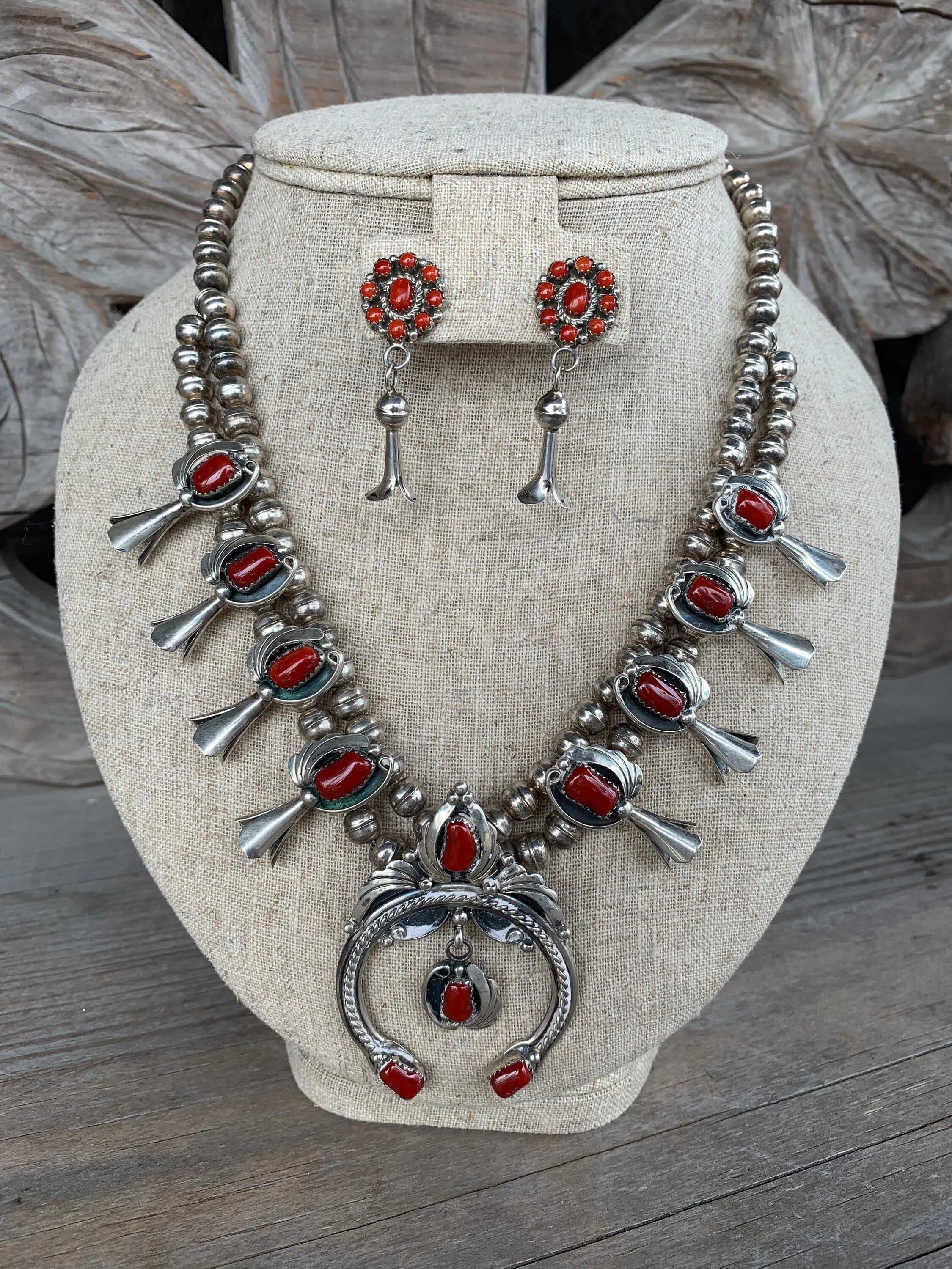 Sterling Silver, Sonoran Gold Turquoise and Red Coral Squash