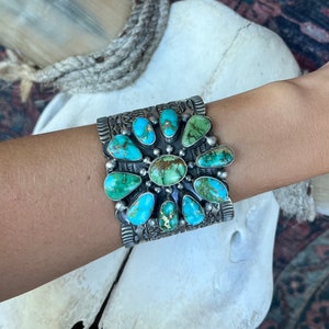 Hand-Stamped Sterling Sonoran Gold Turquoise Statement Cuff by Tillie Jon