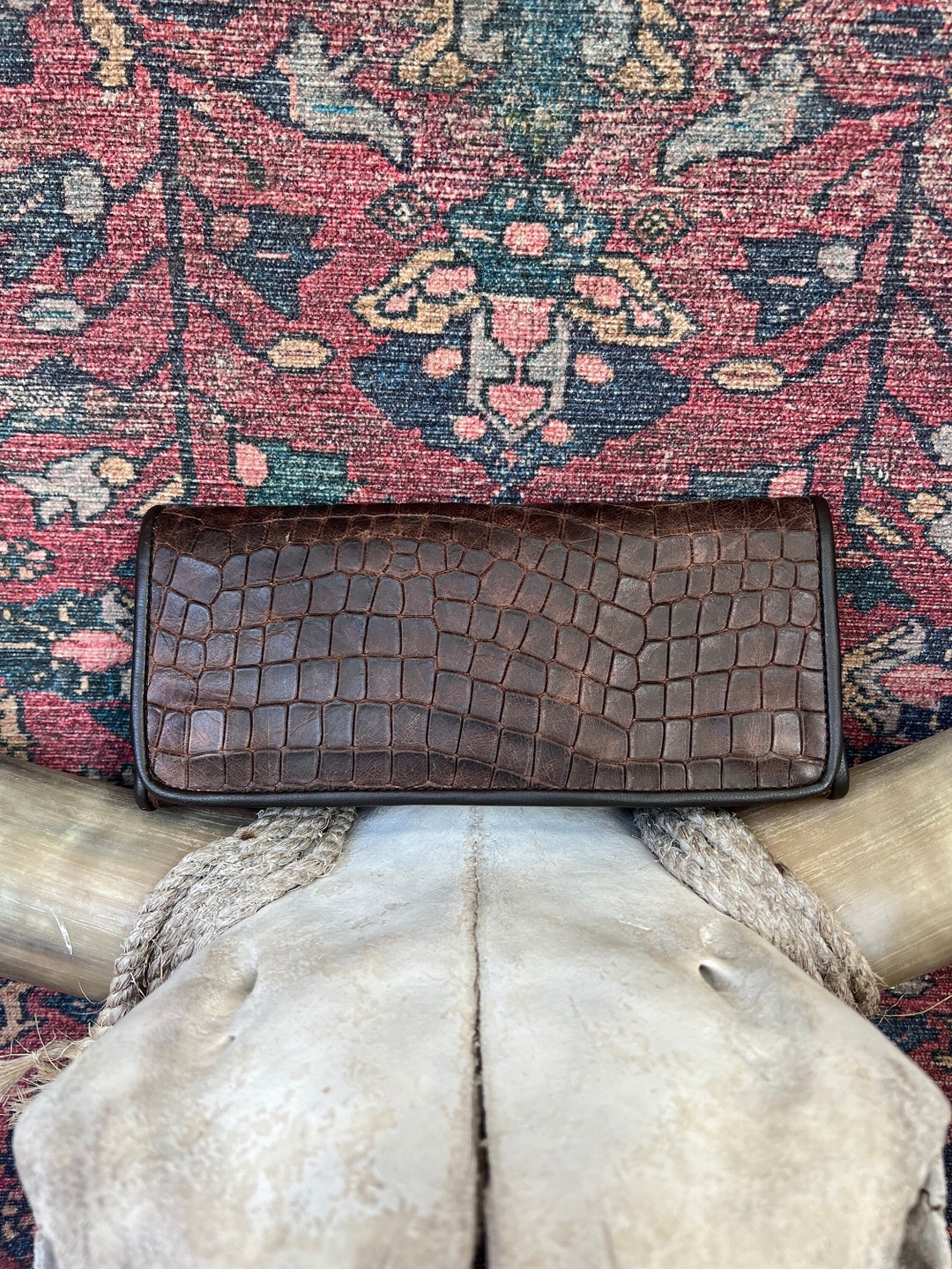 Chocolate Crocodile Embossed Calf Leather Wallet With Tan Suede Interior main image 1