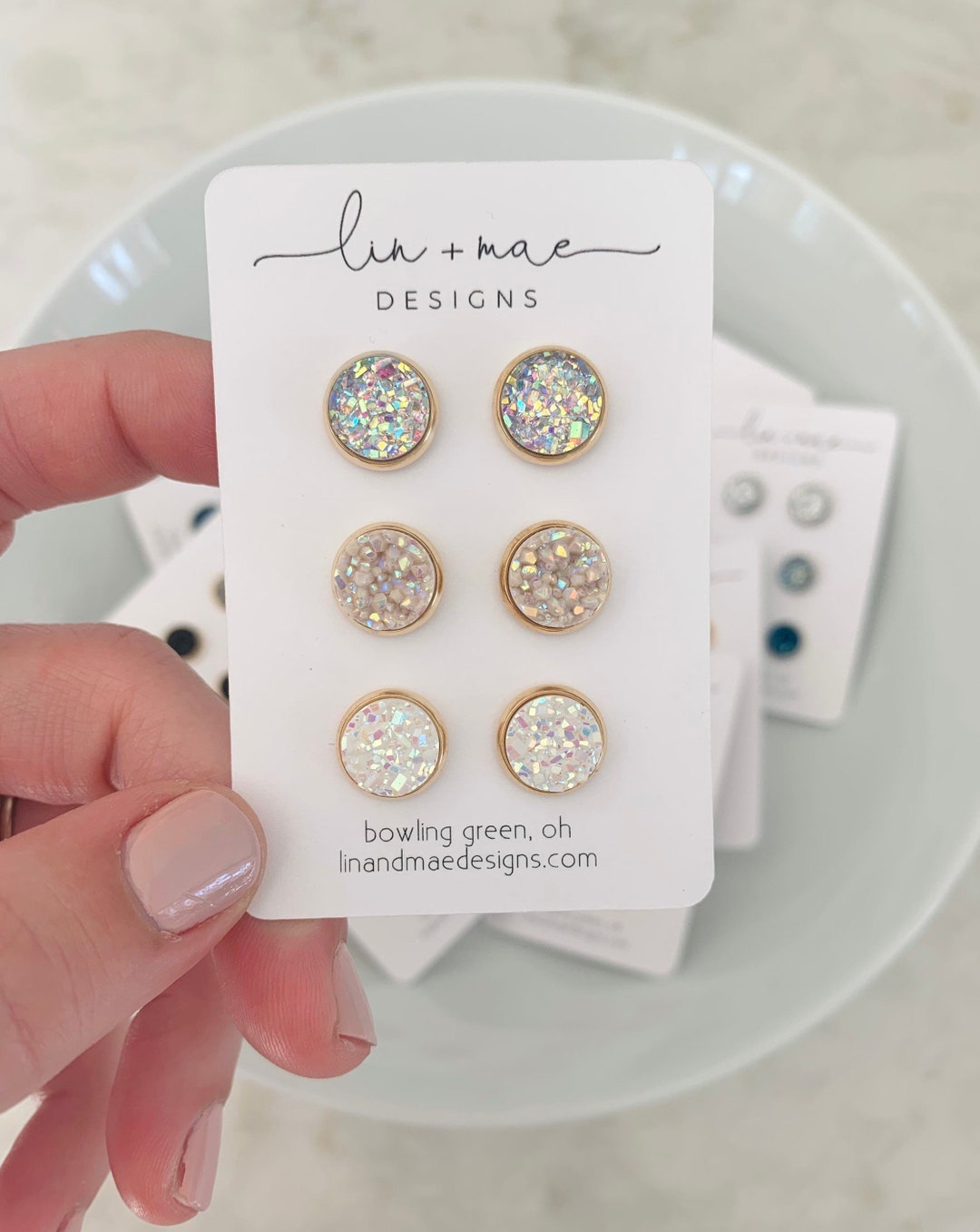 Blush Druzy Earring Studs // Earring Trio Set// Stainless Steel Silver