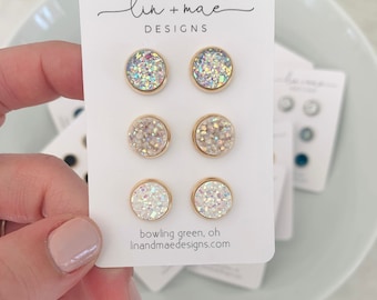 Blush Druzy Earring Studs // Earring Trio Set// Stainless Steel Silver Posts // Dainty Faux Druzy // Gold + Silver