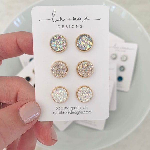 Blush Druzy Earring Studs // Earring Trio Set// Stainless Steel Silver Posts // Dainty Faux Druzy // Gold + Silver