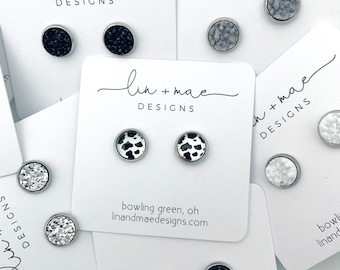 The Betty Collection // Druzy Earring Studs // Cow Print// Black Marble Earrings