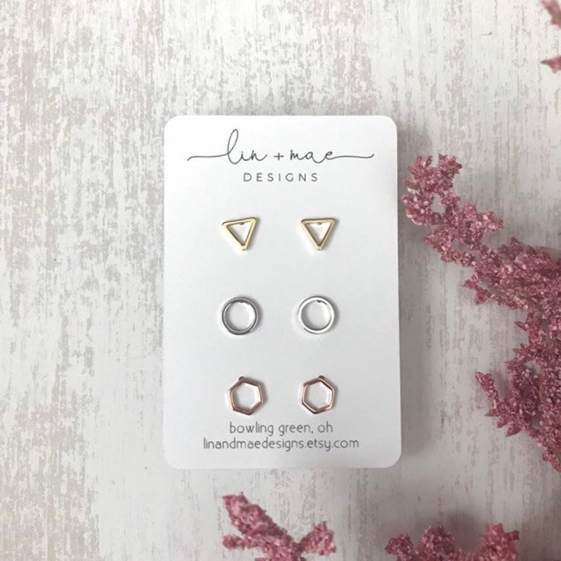 Tiny Geometric Earring Studs Set // Rose Gold // Silver // Triangle Circle Hexagon // Dainty Earrings // Plated // Bridesmaid Earrings image 6