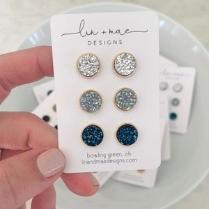 Everyday Druzy Earring Studs // Earring Trio Set// Stainless Steel Silver Posts // Dainty Faux Druzy // Gold + Silver