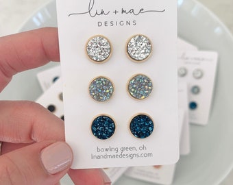 Everyday Druzy Earring Studs // Earring Trio Set// Stainless Steel Silver Posts // Dainty Faux Druzy // Gold + Silver