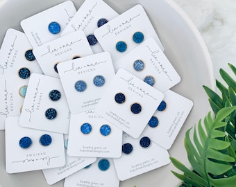 Debbie Collection // Blue Druzy Earring Studs // Silver + Gold Earrings // Blue Modern  // Bridesmaid Jewelry // Navy // Periwinkle