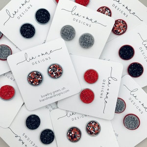 The Scarlet Collection // Faux Druzy Earring Studs // Handmade Earrings // Silver + Gold + Red + Black // Glitter Earrings