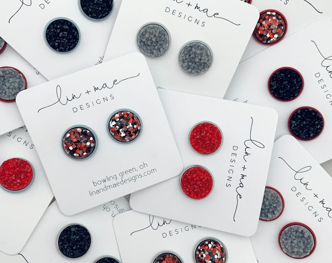Featured listing image: The Scarlet Collection // Faux Druzy Earring Studs // Handmade Earrings // Silver + Gold + Red + Black // Glitter Earrings
