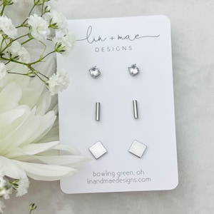 Dainty Earring Trio// Small Geometric Earring Studs // Petite Stainless Steel Earring Set