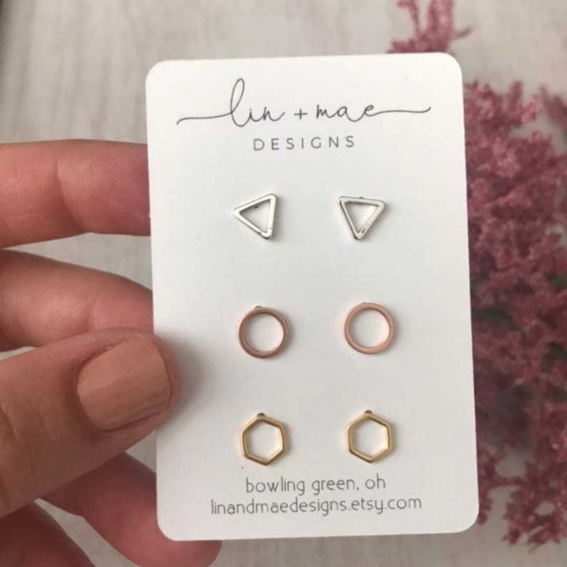 Tiny Geometric Earring Studs Set // Rose Gold // Silver // Triangle Circle Hexagon // Dainty Earrings // Plated // Bridesmaid Earrings image 5